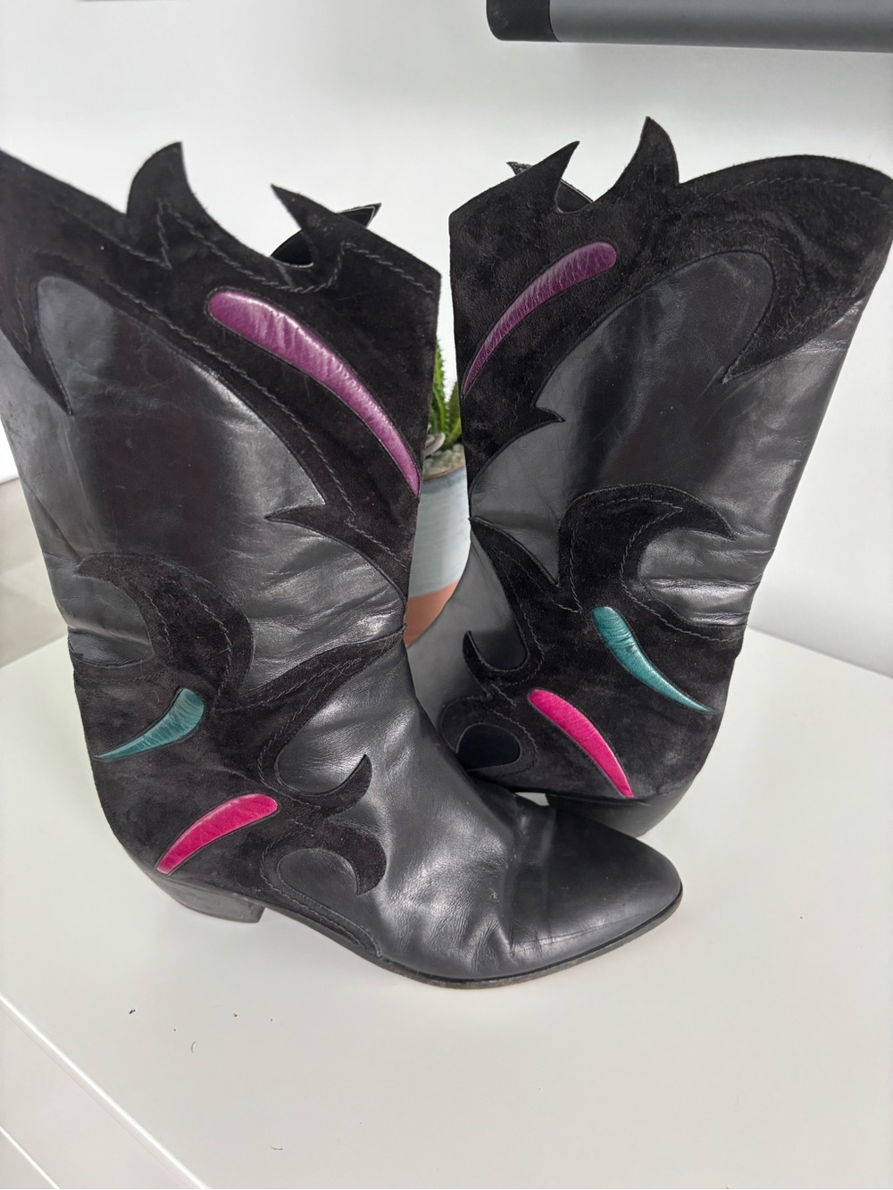Vero Cuoio Black Leather Western Boots with Pink, Purple & Teal Accents by Linea